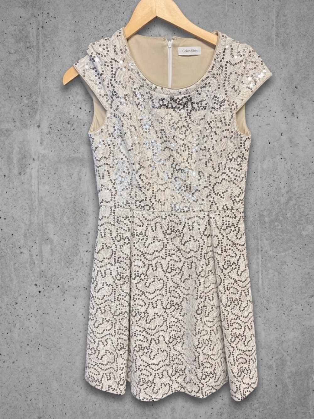 Calvin Klein Sequin Lace Mini Dress Champagne Silver Cap Sleeve Party Glam